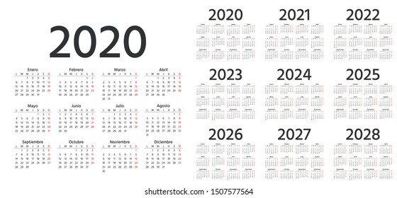 Calendario Español 2020, 2021, 2022, 2023, 2024, 2025, 2026, 2027, 2028 años. Vector. La semana empieza el lunes. Plantilla de calénder de diseño en diseño mínimo. Organizador anual. Ilustración empresarial.