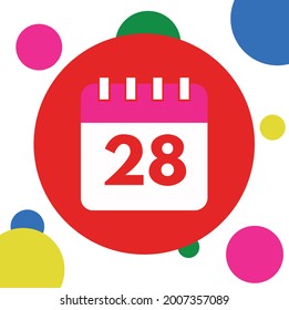 Calendario con un día específico, día 28, con puntos de polka de colores en verde, rojo, amarillo, azul y rosa. ilustración vectorial.
