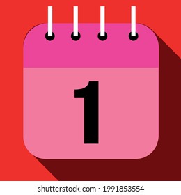Calendar with a specific day, with one day of the month, day 1. In red and pink.