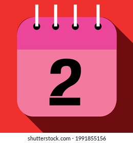 Calendar with a specific day, with one day of the month, day 2. In red and pink.