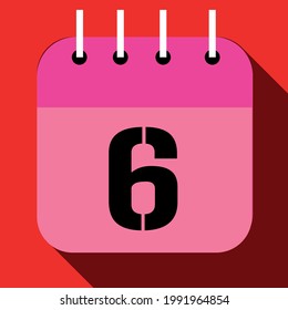 Calendar with a specific day, with one day of the month, day 6. In red and pink.