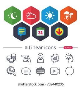 Calendar, Speech bubble and Download signs. Weather icons. Moon and stars night. Cloud and sun signs. Storm or thunderstorm with lightning symbol. Chat, Report graph line icons. More linear signs