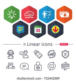 Calendar, Speech bubble and Download signs. Presentation billboard, brainstorm icons. Cash money and lamp idea signs. Man standing with pointer. Scheme and Diagram symbol. Vector