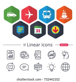 Calendar, Speech bubble and Download signs. Transport icons. Car, Airplane, Public bus and Ship signs. Shipping delivery symbol. Air mail delivery sign. Chat, Report graph line icons. Vector