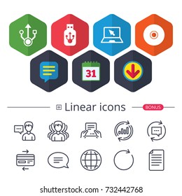Calendar, Speech bubble and Download signs. Usb flash drive icons. Notebook or Laptop pc symbols. CD or DVD sign. Compact disc. Chat, Report graph line icons. More linear signs. Editable stroke