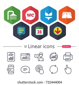 Calendar, Speech bubble and Download signs. Swimming pool icons. Shower water drops and swimwear symbols. WC Toilet speech bubble sign. Trunks and women underwear. Chat, Report graph line icons