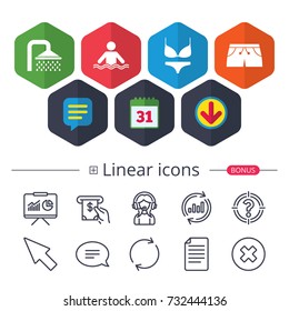 Calendar, Speech bubble and Download signs. Swimming pool icons. Shower water drops and swimwear symbols. Human stands in sea waves sign. Trunks and women underwear. Chat, Report graph line icons