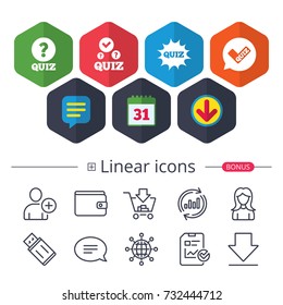 Calendar, Speech bubble and Download signs. Quiz icons. Speech bubble with check mark symbol. Explosion boom sign. Chat, Report graph line icons. More linear signs. Editable stroke. Vector