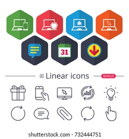 Calendar, Speech bubble and Download signs. Notebook laptop pc icons. Virus or software bug signs. Shield protection symbol. Mouse cursor pointer. Chat, Report graph line icons. More linear signs