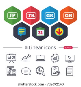 Calendar, Speech bubble and Download signs. Language icons. JP, TR, GR and GB translation symbols. Japan, Turkey, Greece and England languages. Chat, Report graph line icons. More linear signs