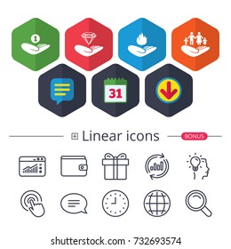 Calendar, Speech bubble and Download signs. Helping hands icons. Financial money savings, family life insurance symbols. Diamond brilliant sign. Fire protection. Chat, Report graph line icons. Vector