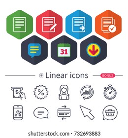 Calendar, Speech bubble and Download signs. File document icons. Download file symbol. Edit content with pencil sign. Select file with checkbox. Chat, Report graph line icons. More linear signs