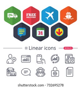Calendar, Speech bubble and Download signs. Cargo truck and shipping icons. Shipping and free delivery signs. Transport symbols. 24h service. Chat, Report graph line icons. More linear signs. Vector