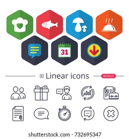 Calendar, Speech bubble and Download signs. Chief hat with heart and cooking pan icons. Fish and boletus mushrooms signs. Hot food platter serving symbol. Chat, Report graph line icons. Vector