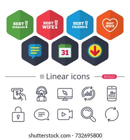 Calendar, Speech bubble and Download signs. Best wife, husband and friend icons. Heart love signs. Awards with exclamation symbol. Chat, Report graph line icons. More linear signs. Editable stroke