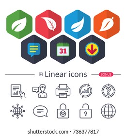 Calendar, Speech bubble and Download signs. Leaf icon. Fresh natural product symbols. Tree leaves signs. Chat, Report graph line icons. More linear signs. Editable stroke. Vector