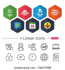 Calendar, Speech bubble and Download signs. Kosher food product icons. Chef hat with fork and spoon sign. Star of David. Natural food symbols. Chat, Report graph line icons. More linear signs. Vector