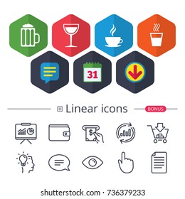 Calendar, Speech bubble and Download signs. Drinks icons. Coffee cup and glass of beer symbols. Wine glass sign. Chat, Report graph line icons. More linear signs. Editable stroke. Vector