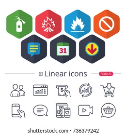 Calendar, Speech bubble and Download signs. Fire flame icons. Fire extinguisher sign. Prohibition stop symbol. Chat, Report graph line icons. More linear signs. Editable stroke. Vector