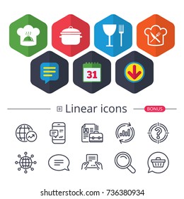 Calendar, Speech bubble and Download signs. Chief hat and cooking pan icons. Crosswise fork and knife signs. Boil or stew food symbols. Chat, Report graph line icons. More linear signs. Vector