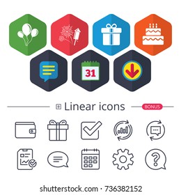 Calendar, Speech bubble and Download signs. Birthday party icons. Cake and gift box signs. Air balloons and fireworks symbol. Chat, Report graph line icons. More linear signs. Editable stroke. Vector