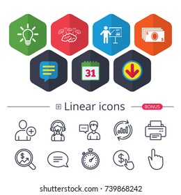 Calendar, Speech bubble and Download signs. Presentation billboard, brainstorm icons. Cash money and lamp idea signs. Man standing with pointer. Scheme and Diagram symbol. Vector