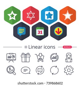 Calendar, Speech bubble and Download signs. Star of David icons. Sheriff police sign. Symbol of Israel. Chat, Report graph line icons. More linear signs. Editable stroke. Vector