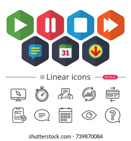 Calendar, Speech bubble and Download signs. Player navigation icons. Play, stop and pause signs. Next song symbol. Chat, Report graph line icons. More linear signs. Editable stroke. Vector