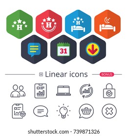 Calendar, Speech bubble and Download signs. Five stars hotel icons. Travel rest place symbols. Human sleep in bed sign. Chat, Report graph line icons. More linear signs. Editable stroke. Vector