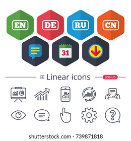 Calendar, Speech bubble and Download signs. Language icons. EN, DE, RU and CN translation symbols. English, German, Russian and Chinese languages. Chat, Report graph line icons. More linear signs