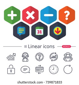 Calendar, Speech bubble and Download signs. Plus and minus icons. Delete and question FAQ mark signs. Enlarge zoom symbol. Chat, Report graph line icons. More linear signs. Editable stroke. Vector