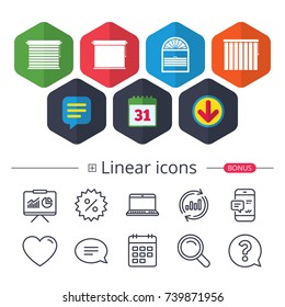 Calendar, Speech bubble and Download signs. Louvers icons. Plisse, rolls, vertical and horizontal. Window blinds or jalousie symbols. Chat, Report graph line icons. More linear signs. Editable stroke