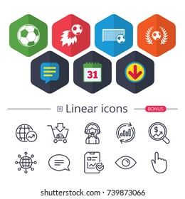 Calendar, Speech bubble and Download signs. Football icons. Soccer ball sport sign. Goalkeeper gate symbol. Winner award laurel wreath. Goalscorer fireball. Chat, Report graph line icons. Vector