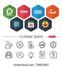 Calendar, Speech bubble and Download signs. E-Cigarette with plug icons. Electronic smoking symbols. Speech bubble sign. Chat, Report graph line icons. More linear signs. Editable stroke. Vector