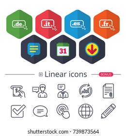 Calendar, Speech bubble and Download signs. Top-level internet domain icons. De, It, Es and Fr symbols with cursor pointer. Unique national DNS names. Chat, Report graph line icons. More linear signs