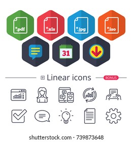 Calendar, Speech bubble and Download signs. Download document icons. File extensions symbols. PDF, XLS, JPG and ISO virtual drive signs. Chat, Report graph line icons. More linear signs. Vector