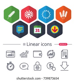 Calendar, Speech bubble and Download signs. Agricultural icons. Gluten free or No gluten signs. Wreath of Wheat corn symbol. Chat, Report graph line icons. More linear signs. Editable stroke. Vector