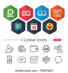 Calendar, Speech bubble and Download signs. Electronic book icons. E-Book symbols. Speech bubble sign. Chat, Report graph line icons. More linear signs. Editable stroke. Vector