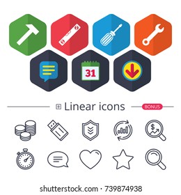 Calendar, Speech bubble and Download signs. Screwdriver and wrench key tool icons. Bubble level and hammer sign symbols. Chat, Report graph line icons. More linear signs. Editable stroke. Vector