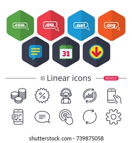 Calendar, Speech bubble and Download signs. Top-level internet domain icons. Com, Eu, Net and Org symbols with cursor pointer. Unique DNS names. Chat, Report graph line icons. More linear signs