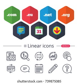 Calendar, Speech bubble and Download signs. Top-level internet domain icons. Com, Eu, Net and Org symbols. Unique DNS names. Chat, Report graph line icons. More linear signs. Editable stroke. Vector