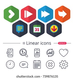 Calendar, Speech bubble and Download signs. Arrow icons. Next navigation arrowhead signs. Direction symbols. Chat, Report graph line icons. More linear signs. Editable stroke. Vector