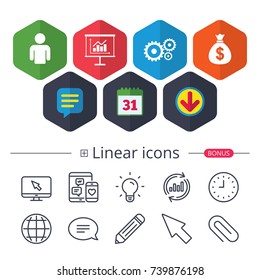 Calendar, Speech bubble and Download signs. Business icons. Human silhouette and presentation board with charts signs. Dollar money bag and gear symbols. Chat, Report graph line icons. Vector