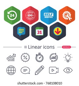 Calendar, Speech bubble and Download signs. Repair fix tool icons. 24h Customer support service signs. 100% quality guarantee symbol. Cogwheel gear with wrench key. Chat, Report graph line icons