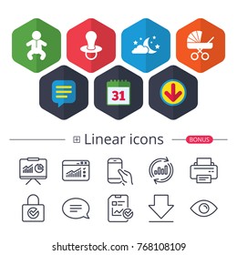Calendar, Speech bubble and Download signs. Moon and stars symbol. Baby infants icon. Buggy and dummy signs. Child pacifier and pram stroller. Chat, Report graph line icons. More linear signs. Vector