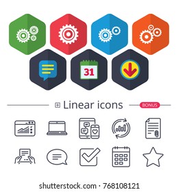 Calendar, Speech bubble and Download signs. Cogwheel gear icons. Mechanism symbol. Website or App settings sign. Working process performance. Chat, Report graph line icons. More linear signs. Vector