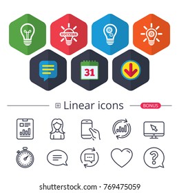 Calendar, Speech bubble and Download signs. Light lamp icons. Lamp bulb with cogwheel gear symbols. Idea and success sign. Chat, Report graph line icons. More linear signs. Editable stroke. Vector
