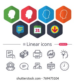 Calendar, Speech bubble and Download signs. Head icons. Male and female human sign symbols. Chat, Report graph line icons. More linear signs. Editable stroke. Vector