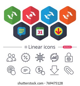 Calendar, Speech bubble and Download signs. Hands insurance icons. Shelter for pets dogs symbol. Save water drop symbol. House property insurance sign. Chat, Report graph line icons. More linear signs