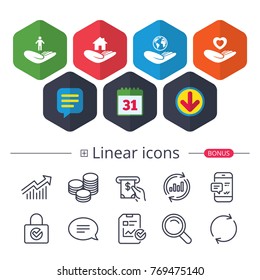 Calendar, Speech bubble and Download signs. Helping hands icons. Heart health and travel trip insurance symbols. Home house or real estate sign. Chat, Report graph line icons. More linear signs